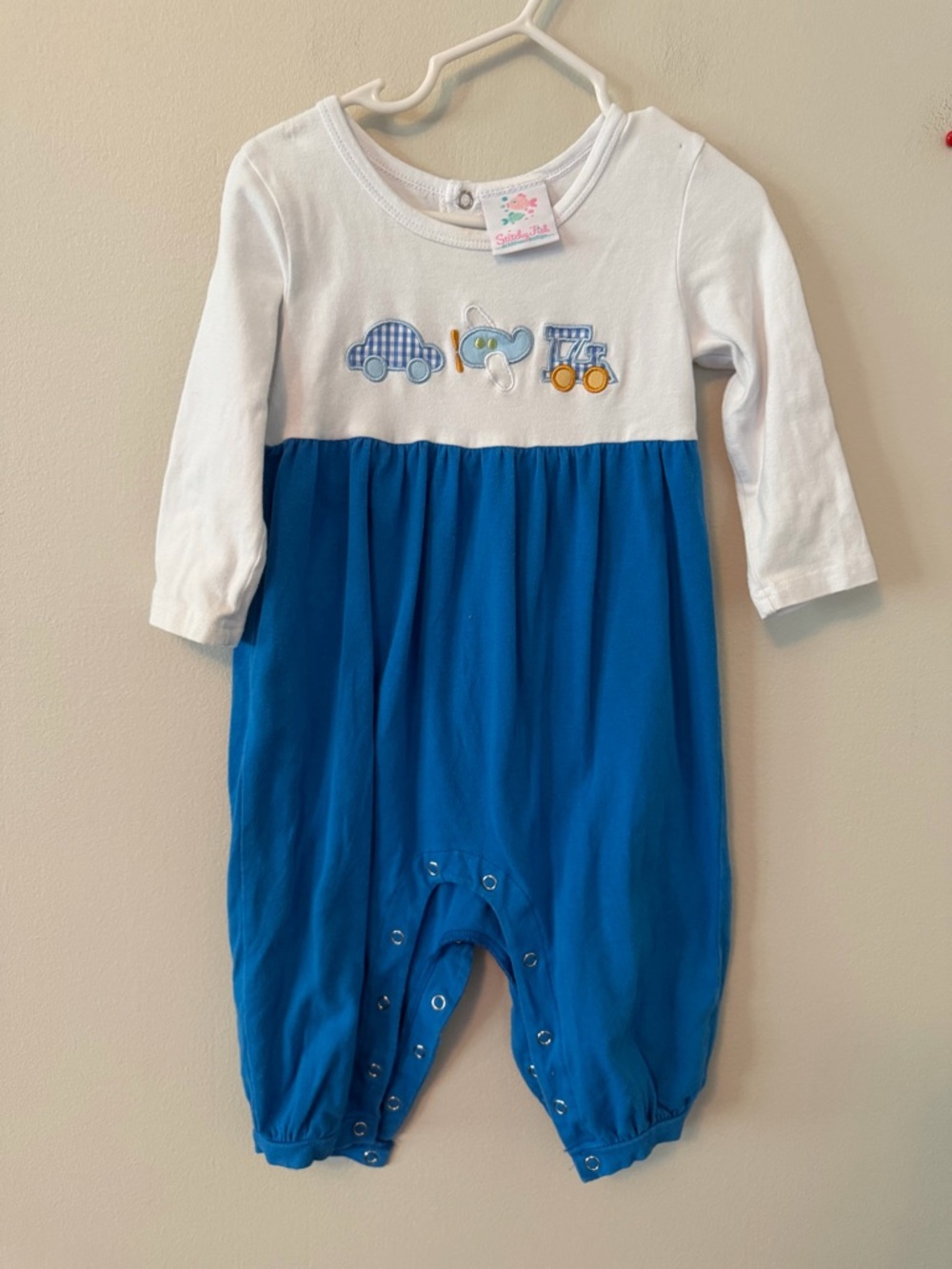 Stitchy Fish One-Piece Romper - White & Blue with Vehicle Appliqué